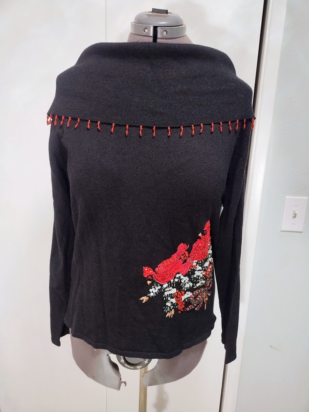 NWT, Vintage Holiday Tiara Black Cowl Sweater with Red Cardinal Sequin Appliqué